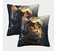 Space Cat Pilot-fantasy Steampunk Style Pillow Covers 2 Pack Cozy Pillowcases Art Cushion Case Zippered Decorative for Couch Livingroom 50x50cm