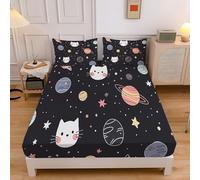 Space Cat Planet Print Microfiber 4FT-Small Double Ultra Soft Breathable Fitted Bed Sheet, 30cm Deep Pocket Microfiber Cartoon Space Fitted Sheets for 4FT-Small Double Bed 120x190cm
