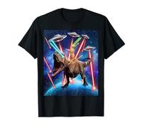 Space Cat Riding Dinosaur T rex Laser Eyes UFO Funny Cat T-Shirt