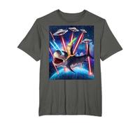 Space Cat Riding Shark Laser Eyes UFO Funny Kitty Cat T-Shirt