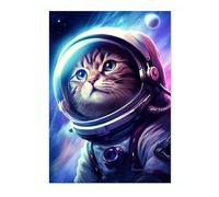 Space Cat Space Poster, Colourful Abstract Astronomy Wall Art Home Decor, Astronaut Planets Print, Archival Matte, A5 (Print Only) - 21x14.8cm