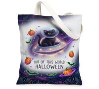 Space Cat Spaceship Halloween Quote Canvas Tote Bag 13x15 Inch | Space-themed Cat Illustration, Cosmic Galaxy Background, Flying Saucer Motif, Orange Pumpkins, Bat Accents