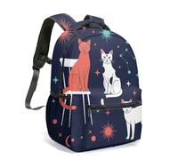 Space Cat Universe 16 Inch Backpack Colorful Planet Rocket Star Print Flat Illustration Whimsical Galaxy Travel Rucksack (04)