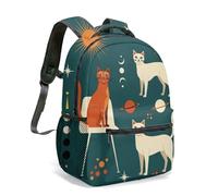 Space Cat Universe 16 Inch Backpack Colorful Planet Rocket Star Print Flat Illustration Whimsical Galaxy Travel Rucksack (02)
