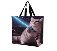 Space Cat With Blue Laser Tote Bag Grocery Shopping Bags Shoulder Bag