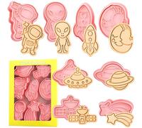 Space Cookie Cutter Set - 8pcs 3D Plastic Cookie Stamps - Cartoon Space Themed Biscuit Moulds for Baking & Party Treats
