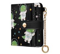 Space Dinosaurs Black Pattern Small Women Wallet Bifold RFID Blocking Leather Compact Card Holder with Zipper Coin Pocket Purse for Girls Women Ladies
