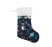 Space Doodle Cartoon Space Rockets, Planets, Stars, Moon, Slogans 1 PC Christmas Stockings, Large Burlap Plush Faux Fur Cuff 18"x8" Stockings for Bed Stairs Fireplace Xmas Tree Party Accessory
