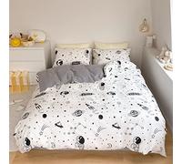 Space Duvet Cover Set King Size Bedding Set Black And White Universe Planet Rocket and Astronaut Quilt Cover Soft Kids Boys Bedding (1 Duvet Cover and 2 Pillowcases)