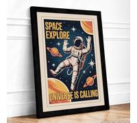 Space Exploration Calling Retro Framed Wall Art Print A4 (29.7×21cm) Black, Wall Decor for Living Room, Bedroom, Office & Home, Ready to Hang, Art Gift