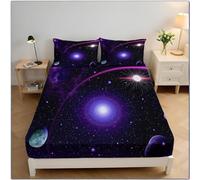 Space Fitted Sheet Small Double 4ft Celestial Body Milky Way 3D Fitted Sheets Deep Pocket 12 inch 30 cm Bottom Sheet Ultra Soft Microfibre Bedding Set with 2 Pillowcases a/3032