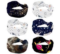 Space Flight Rocket Planet Stars Wide Headbands for Women, 6 Packs Elastic Head Bands, Non Slip Hairband, Turban Headband for Workout Yoga Sport Running