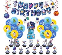 Space Galaxy Birthday Decorations Astronaut Birthday Balloons, Space Astronaut Decoration with Happy Birthday Banners Solar System Hanging Swirls Cupcake Toppers for Kids Birthday Party Supplies