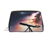 (Space Galaxy with Telescope) Print Pu Leather Makeup Bag with Zipper Pocket Compact Organizer for Travel/Purse