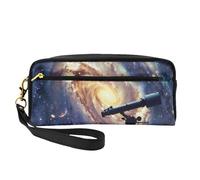 Space Galaxy with Telescope Printed Leather Makeup Bags with Wrist Strap Portable Travel Toiletry Bag Cosmetic Organizer Bag for Women