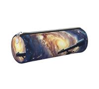 Space Galaxy with Telescope Printed Leather Pencil Case Cute Stationery Organizer Round Makeup Bag Pen Pouch, Silver Zipper