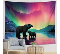 Space Hanging Nature Artsy Landscape of Polar Bears Mountain Forest and Starry Sky with Northern Lights Colorful Polyester Decorative Backdrop Ceiling Dorm Room Tapestry 60x40 Inch