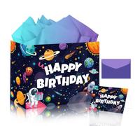 Space Happy Birthday Gift Bag - 13" Large Blue Outer Space Paper Bags Gifts | Tissue Paper Greeting Card Envelope Rocket Planet Astronaut Rocket Themed Galaxy Universe for Boys Birthday Party Supplies