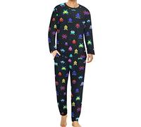 Space Invaders Argyle Pattern Men's 2-Piece Pajama Set Long Sleeve Top And Pants Sleepwear Lounge Suit 4XL
