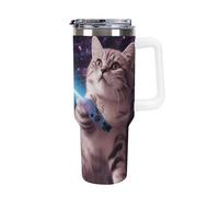 Space Laser Cat Novelty Cute Funny 40 Oz Tumbler with Handle And Flip Straw, Vacuum Insulated Stainless Steel Tumbler Cups, Travel Coffee Mug, Dishwasher Safe & Bpa-Free, Reusable Water Bottle(white)