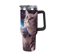 Space Laser Cat Novelty Cute Funny 40 Oz Tumbler with Handle And Flip Straw, Vacuum Insulated Stainless Steel Tumbler Cups, Travel Coffee Mug, Dishwasher Safe & Bpa-Free, Reusable Water Bottle(black)