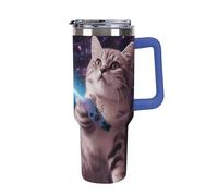 Space Laser Cat Novelty Cute Funny 40 Oz Tumbler with Handle And Flip Straw, Vacuum Insulated Stainless Steel Tumbler Cups, Travel Coffee Mug, Dishwasher Safe & Bpa-Free, Reusable Water Bottle(Deep Bl