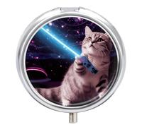 Space Laser Cat Novelty Cute Funny Pill Box, 3 Compartment Small Pill Case Waterproof Travel Pill Organizer for Pocket Or Purse Portable Mini Medicine Tablet Vitamin Holder Pill Case
