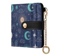 Space Moons Stars Blue Print Small Women Wallet RFID Blocking Leather Bifold Compact Card Holder with Coin Pocket Zipper Purse for Women Ladies Girls