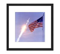 Space NASA Apollo 11 Saturn V Rocket Launch Flag Photo 8X8 Inch Square Wooden Framed Wall Art Print Picture with Mount Artery8 Black One Size