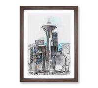 Space Needle In Seattle Washington In Abstract Modern Framed Wall Art Print, Ready to Hang Picture for Living Room Bedroom Home Office Décor, Walnut A4 (34 x 25 cm)