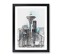 Space Needle In Seattle Washington In Abstract Modern Framed Wall Art Print, Ready to Hang Picture for Living Room Bedroom Home Office Décor, Black A2 (64 x 46 cm)