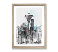 Space Needle In Seattle Washington In Abstract Modern Framed Wall Art Print, Ready to Hang Picture for Living Room Bedroom Home Office Décor, Oak A4 (34 x 25 cm)