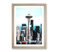 Space Needle In Seattle Washington Painting Modern Framed Print | A4 Oak Framed Wall Art | Ready to Hang | Modern Space Picture | Living Room Bedroom Lounge Office