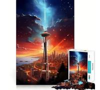 Space Needle Seattle Paint 1000 Pieces Jigsaws Adults Puzzles Brain Workout Toy Soft Relax Image Assembly Lovely Present (38x26cm)