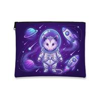 Space Opossum Makeup Bag, Cartoon Galaxy Cosmetic Pouch for Women, Portable Small Canvas Zipper Organizer, Fun Travel Toiletry Bag, Violet, 7x9 Inch, Opossum