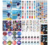 Space Party Gift Set with Mini Notebook Ballpoint Pens Pencil Slap Bracelets Keychains Temporary Tattoos Balls and Gift Bags for Astronaut Galaxy Space Themed Birthday Party Supplies Decorations