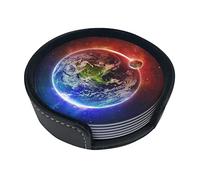 Space Planet Earth Coasters For Drinks, 6 Pcs Leather Coaster With Holder, Round Cup Mat Pad Set For Home And Kitchen 3.9 Inches