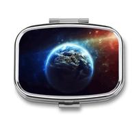 Space Planet EarthPill Organizer with Mirror, 2 Compartment Metal Travel Pill Case, Weekly Medicine Container for Daily Meds, Compact & Artistic Design for Purse, Pocket, Or Wallet