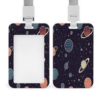 Space Planet Pattern ID Badge Holder Waterproof Card Protector Push-Pull Slot Work ID Card Holder with Lanyard Personalized Detachable Card Holders for Office Corporate Use