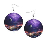 Space Planet Print Trendy Dangle Earrings For Women Lightweight And Silver-Plated Ear Hooks