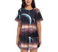 Space Planet Print women's casual round neck short sleeve pajama set,Relaxed Lounge Sets(S-4XL), Black, 4XL