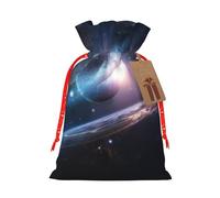 Space Planet Printed Christmas Drawstring Bags Reusable Bag for Party Xmas Gift Wrapping, Red Ribbon, S
