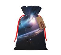 Space Planet Printed Christmas Drawstring Bags Reusable Bag for Party Xmas Gift Wrapping, Red Ribbon, M