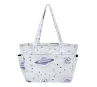 Space Planet Star White pattern Quilted Tote Bag for Women, Lightweight Puffy Shoulder Bag with Zipper and Compartments Large Capacity Handbag for Gym Work Travel
