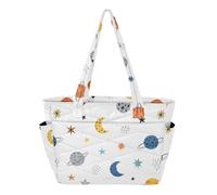 Space Planet Stars White pattern Quilted Tote Bag for Women, Lightweight Puffy Shoulder Bag with Zipper and Compartments Large Capacity Handbag for Travel Work Gym