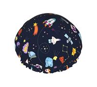 Space Planet Sun Star Rocket Ship Flight Line Shower Caps for Women Reusable Waterproof PEVA Lining Hair Cap for Shower Double ProtectionElastic