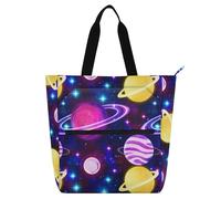 Space Planets Book Tote Bag for Kids with Zipper Pockets Waterproof Oxford Handbag Shoulder Shopper