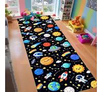 Space & Planets Runner Rug Children's Bedroom Cosmic Learning Rug 100x300cm | Cute Planets Astronauts Rockets And Ufos on Navy Playroom Rug Soft Washable Carpet for Classroom Bedside Spaces or Play Areas