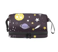 Space Planets Stars and Comets Double Layer Cosmetic Bag for Women and Girls, Travel Toiletry Bag Makeup Handy Pouch Organiser Bag with Brush Compartment