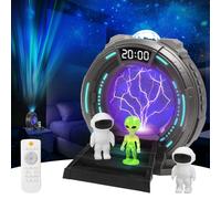 Space Projection Night Light with Plasma Ball Effect-Bluetooth Speaker & White Noise Machine,2 Astronauts&Alien Night Light,HD Digital Clock with Remote|Sci-Fi Bedroom Decor,Gift for Kids&Adults